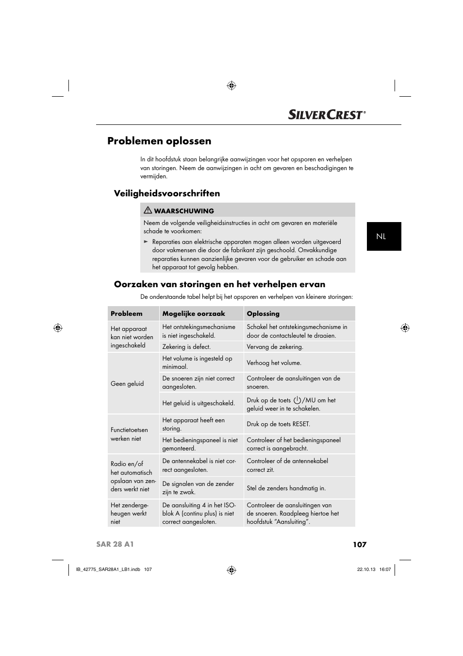 Problemen oplossen, Veiligheidsvoorschriften, Oorzaken van storingen en het verhelpen ervan | Silvercrest SAR 28 A1 User Manual | Page 111 / 145