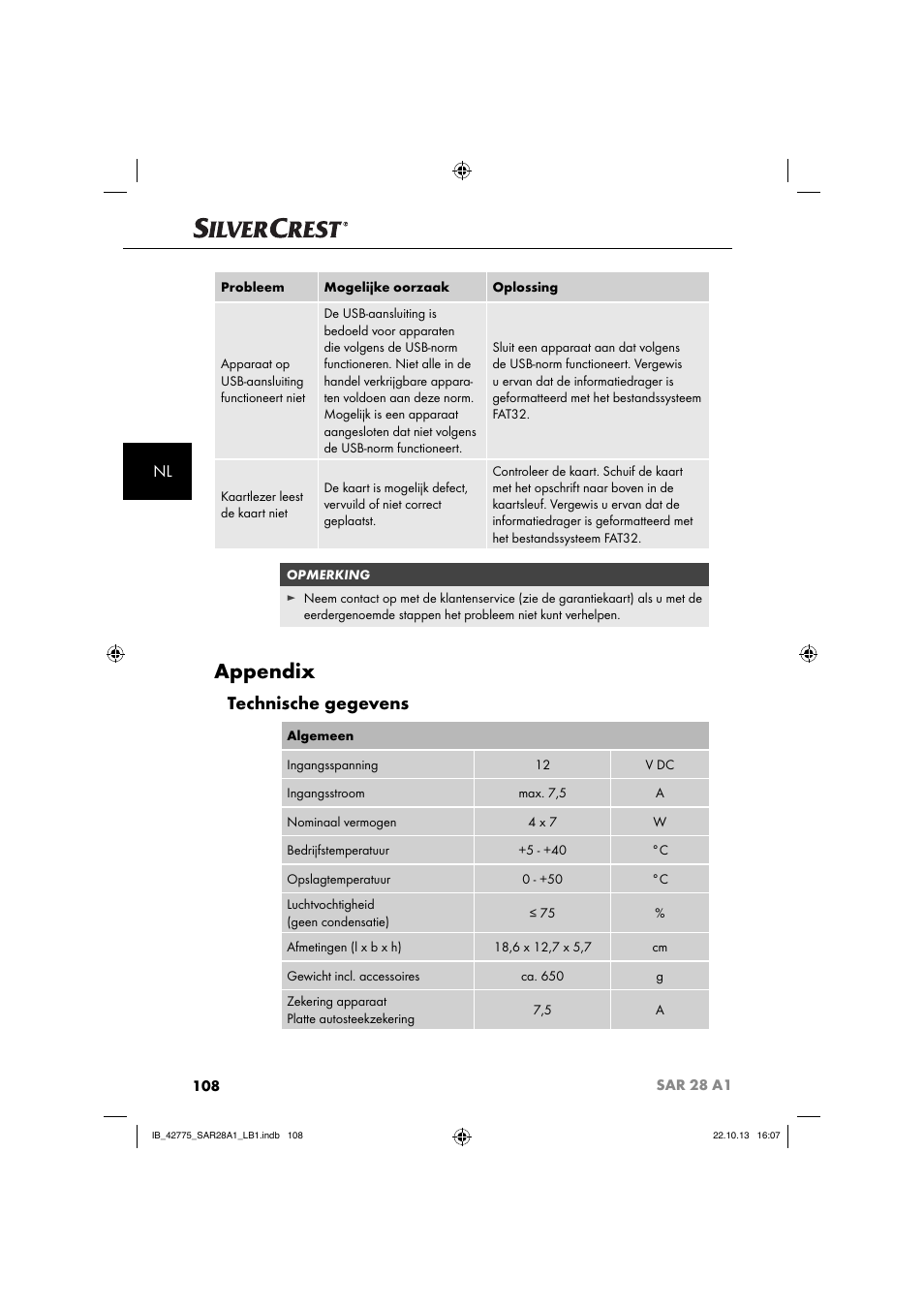 Appendix, Technische gegevens | Silvercrest SAR 28 A1 User Manual | Page 112 / 145