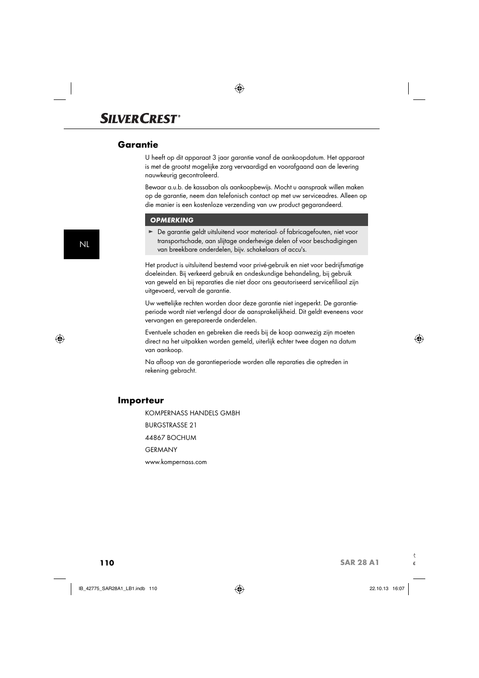 Garantie, Importeur | Silvercrest SAR 28 A1 User Manual | Page 114 / 145