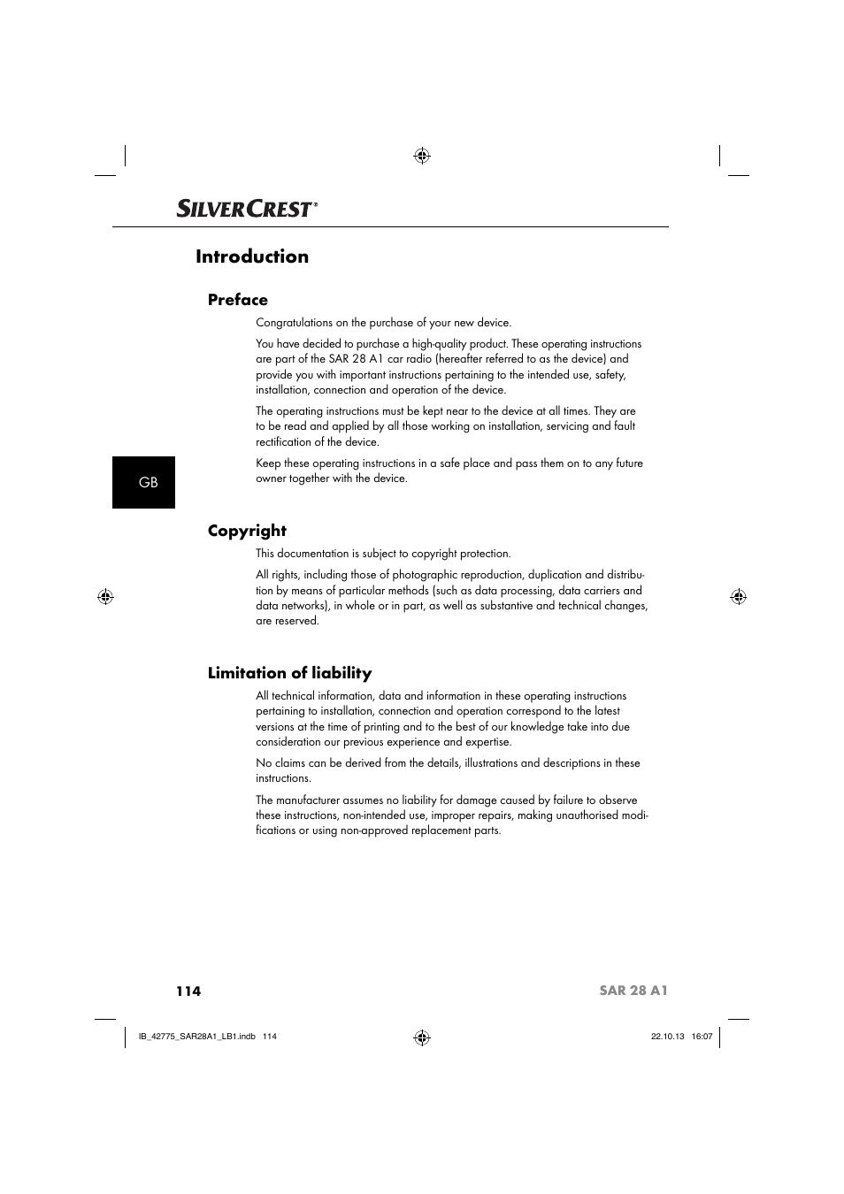 Introduction, Preface, Copyright | Limitation of liability | Silvercrest SAR 28 A1 User Manual | Page 118 / 145