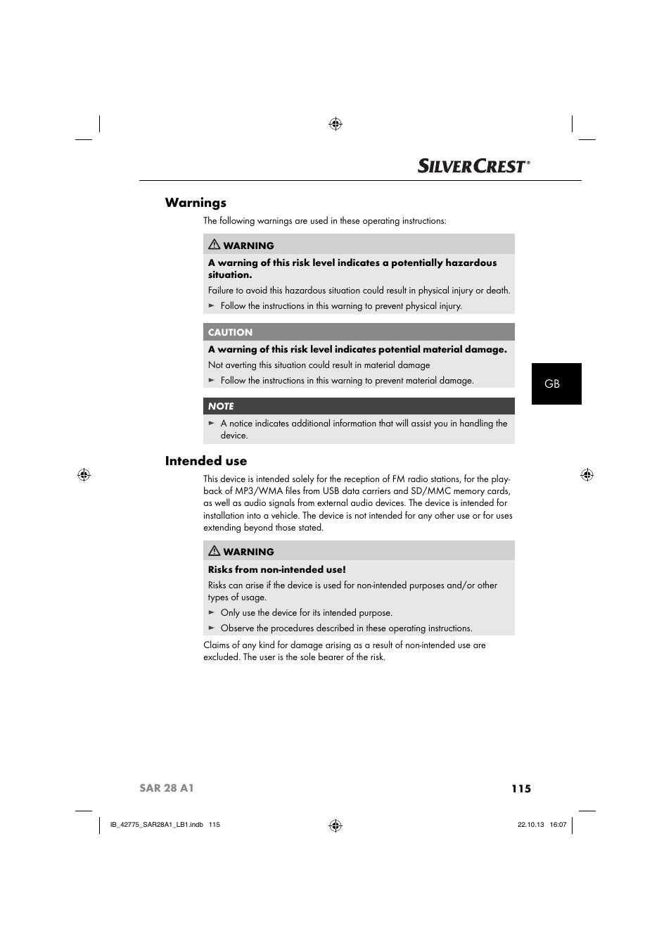Warnings, Intended use | Silvercrest SAR 28 A1 User Manual | Page 119 / 145