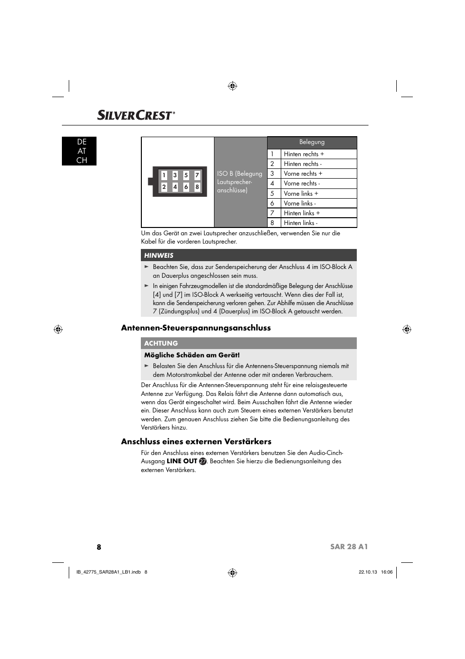 De at ch, Antennen-steuerspannungsanschluss, Anschluss eines externen verstärkers | Silvercrest SAR 28 A1 User Manual | Page 12 / 145