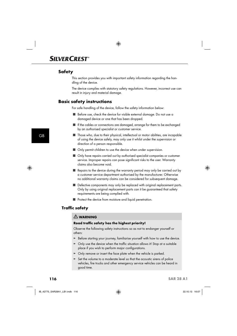 Safety, Basic safety instructions, Traﬃ c safety | Silvercrest SAR 28 A1 User Manual | Page 120 / 145