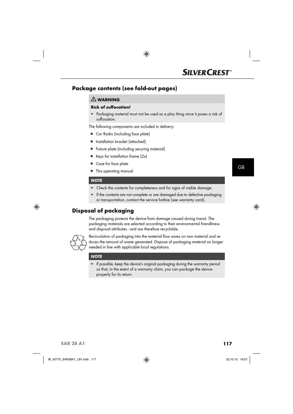 Package contents (see fold-out pages), Disposal of packaging | Silvercrest SAR 28 A1 User Manual | Page 121 / 145