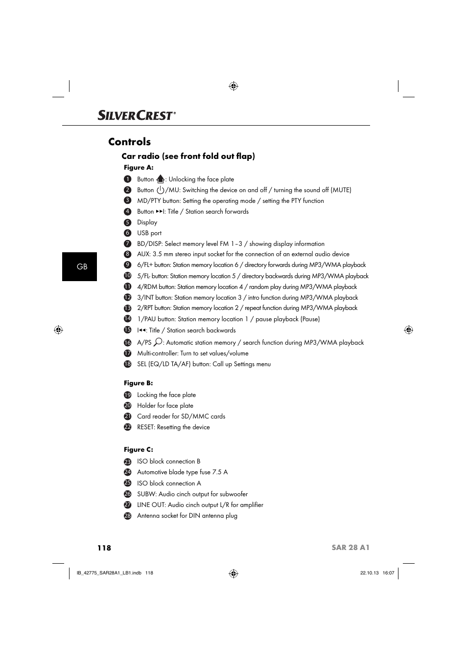 Controls, Car radio (see front fold out ﬂ ap) | Silvercrest SAR 28 A1 User Manual | Page 122 / 145