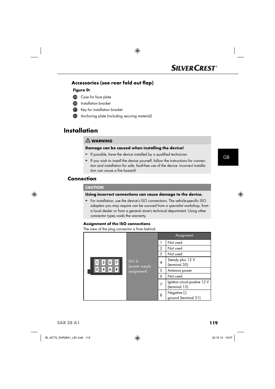 Installation, Connection, Gb accessories (see rear fold out ﬂ ap) | Silvercrest SAR 28 A1 User Manual | Page 123 / 145