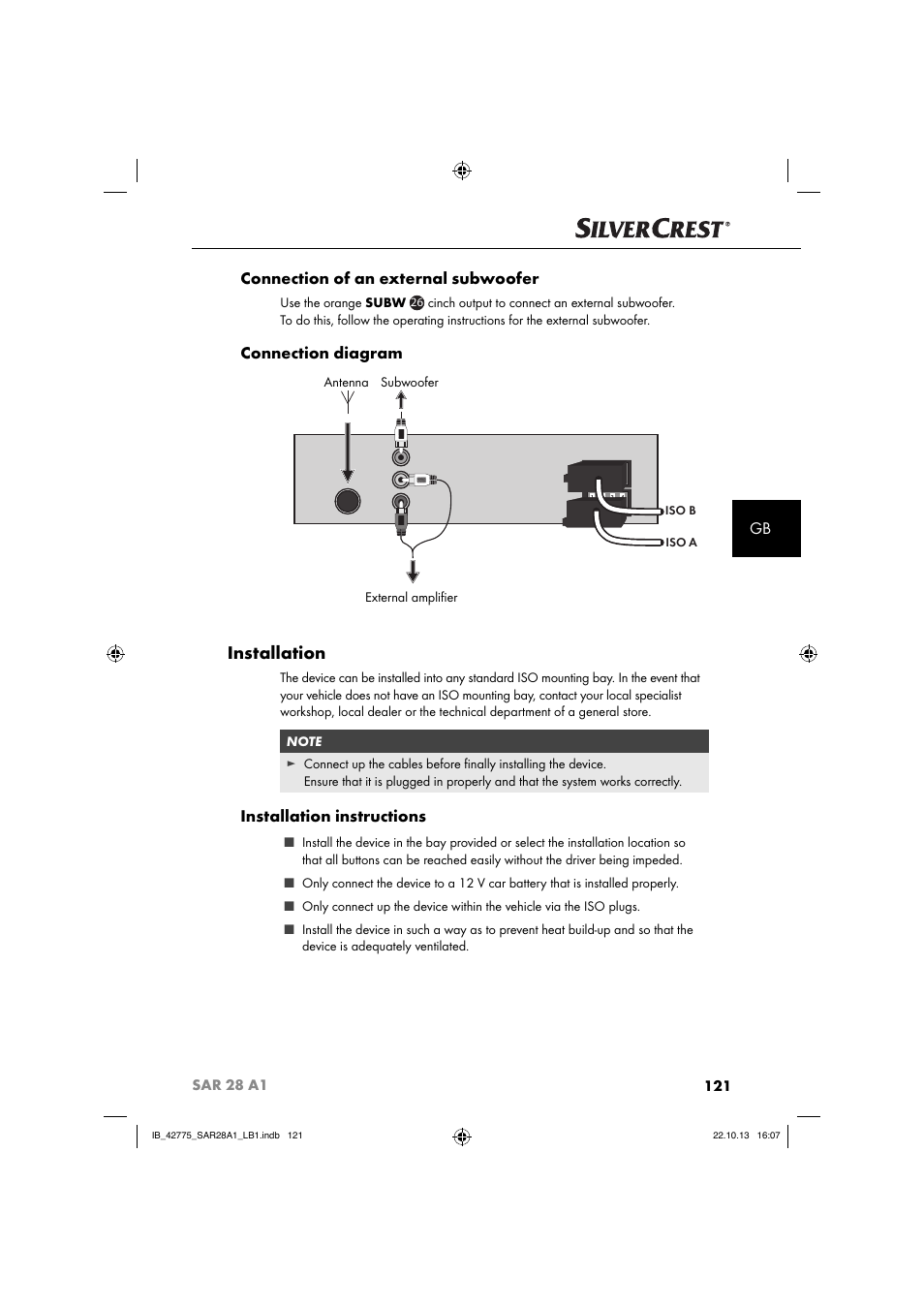 Installation, Gb connection of an external subwoofer, Connection diagram | Installation instructions | Silvercrest SAR 28 A1 User Manual | Page 125 / 145