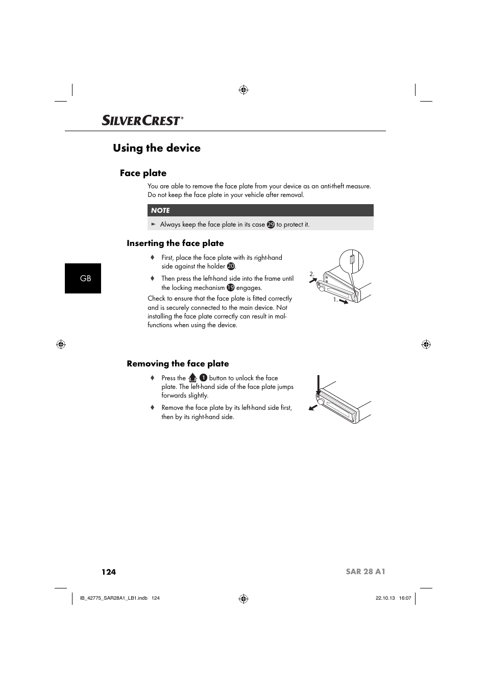 Using the device, Face plate, Inserting the face plate | Removing the face plate | Silvercrest SAR 28 A1 User Manual | Page 128 / 145