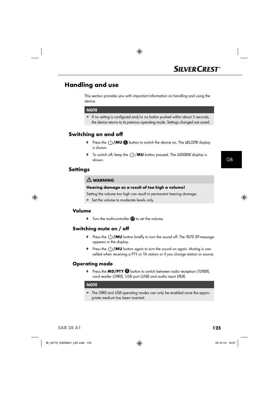 Handling and use, Switching on and oﬀ, Settings | Volume, Switching mute on / oﬀ, Operating mode | Silvercrest SAR 28 A1 User Manual | Page 129 / 145