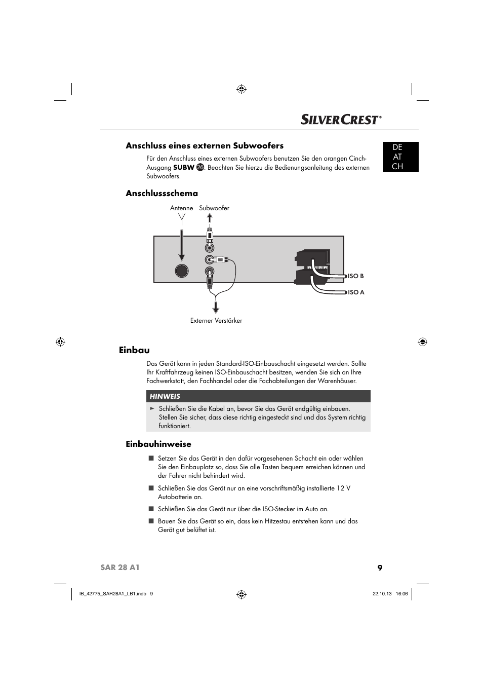 Einbau, De at ch anschluss eines externen subwoofers, Anschlussschema | Einbauhinweise | Silvercrest SAR 28 A1 User Manual | Page 13 / 145