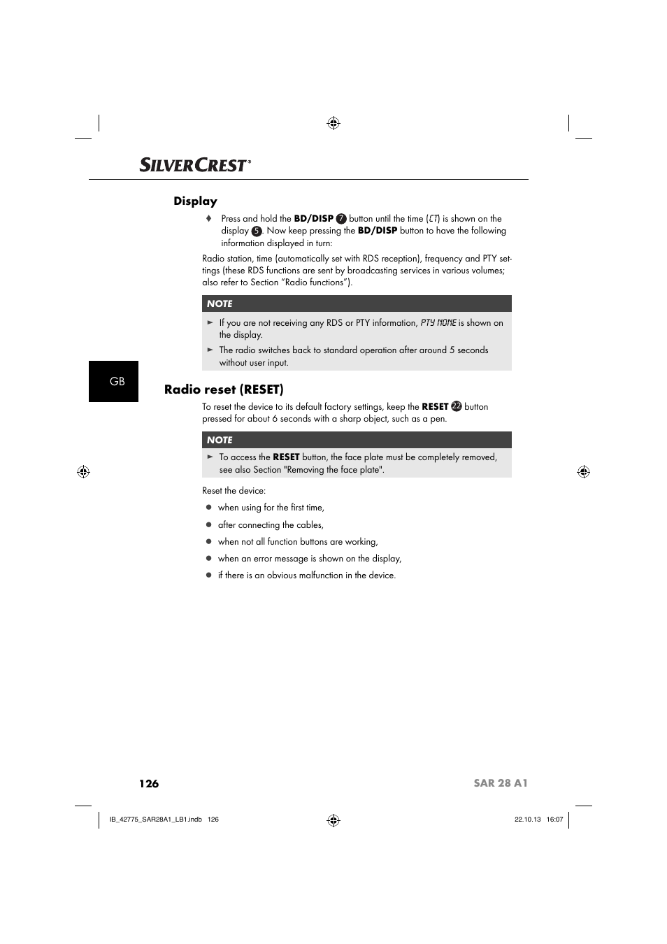 Radio reset (reset), Gb display | Silvercrest SAR 28 A1 User Manual | Page 130 / 145