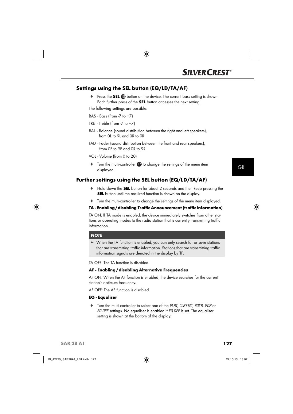 Gb settings using the sel button (eq/ld/ta/af) | Silvercrest SAR 28 A1 User Manual | Page 131 / 145