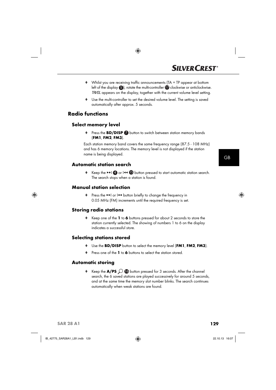 Radio functions, Automatic station search, Manual station selection | Storing radio stations, Selecting stations stored, Automatic storing | Silvercrest SAR 28 A1 User Manual | Page 133 / 145