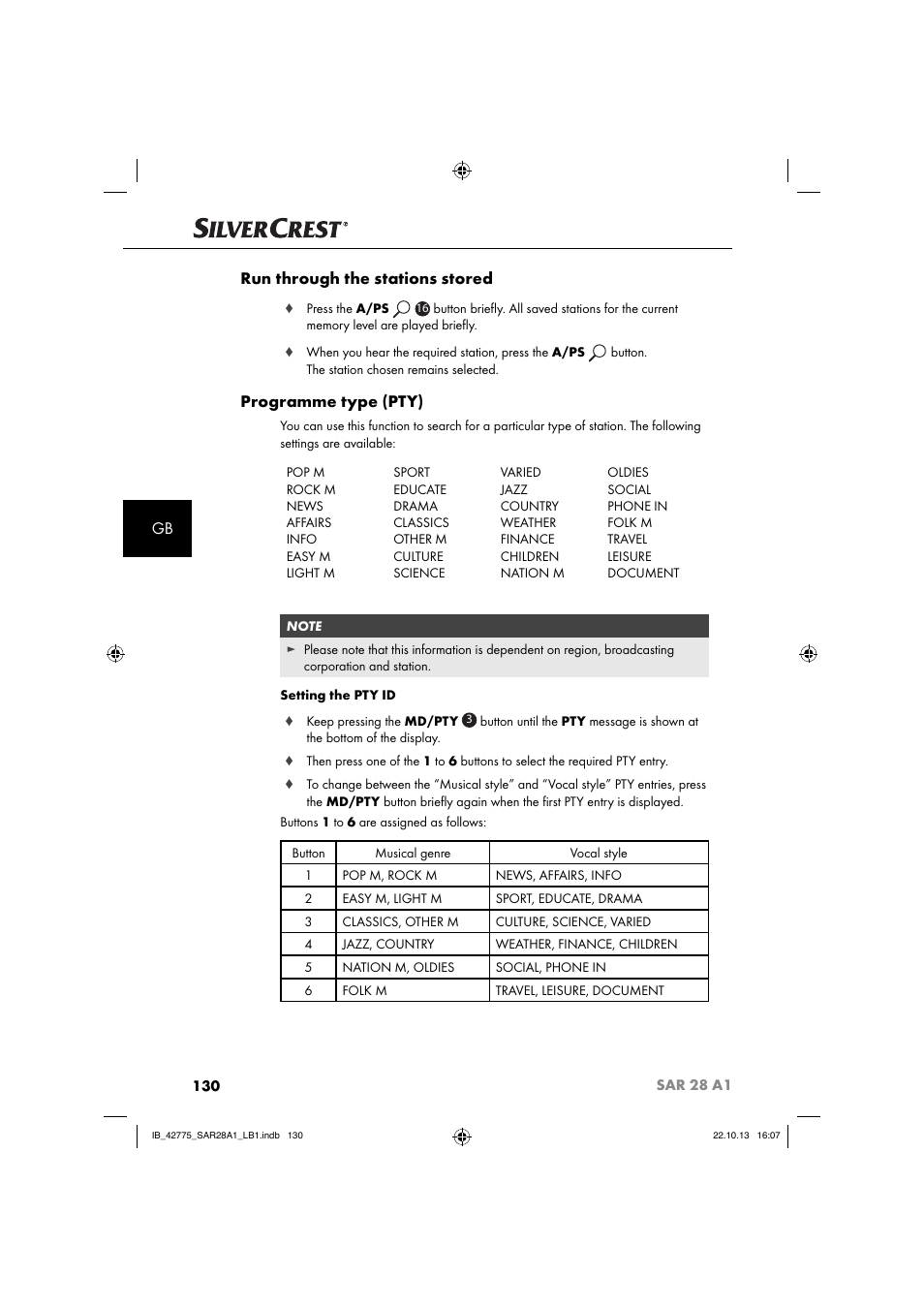 Gb run through the stations stored, Programme type (pty) | Silvercrest SAR 28 A1 User Manual | Page 134 / 145