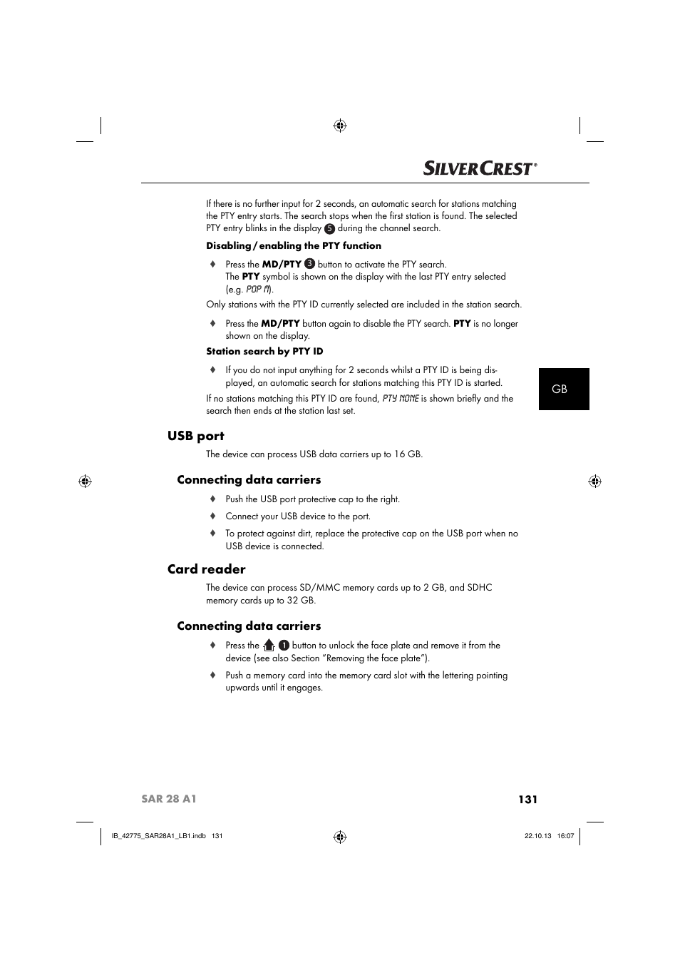 Usb port, Card reader, Connecting data carriers | Silvercrest SAR 28 A1 User Manual | Page 135 / 145