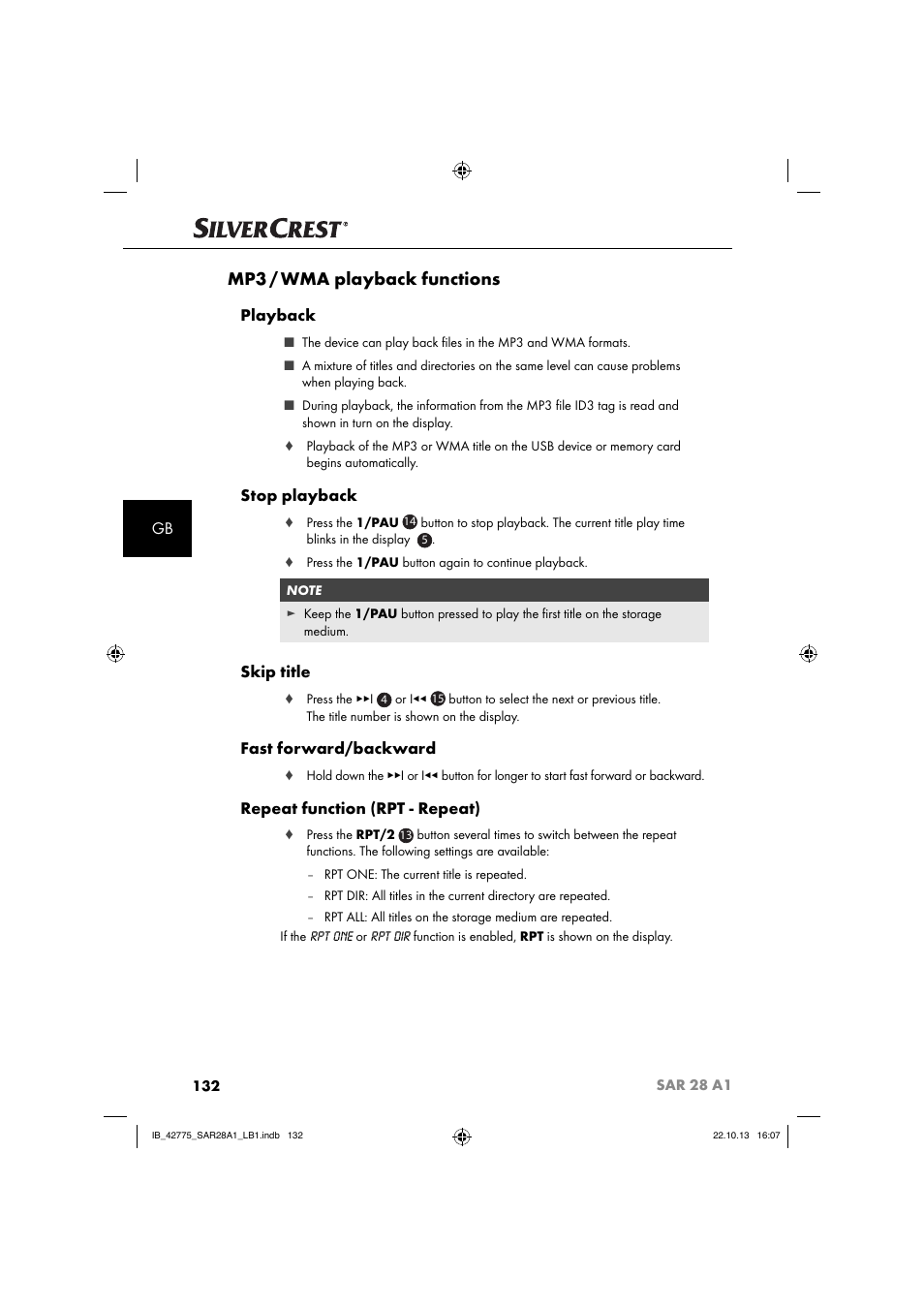 Mp3 / wma playback functions, Playback, Stop playback | Skip title, Fast forward/backward, Repeat function (rpt - repeat) | Silvercrest SAR 28 A1 User Manual | Page 136 / 145