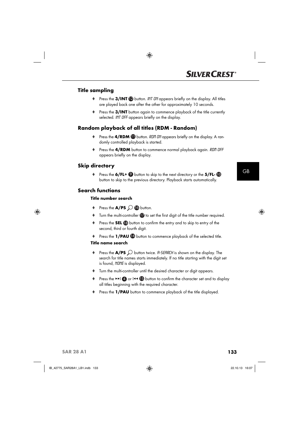 Gb title sampling, Random playback of all titles (rdm - random), Skip directory | Search functions | Silvercrest SAR 28 A1 User Manual | Page 137 / 145
