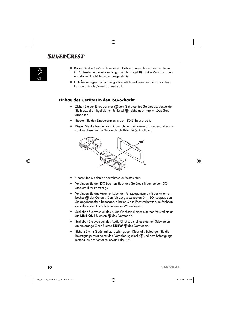 De at ch, Einbau des gerätes in den iso-schacht | Silvercrest SAR 28 A1 User Manual | Page 14 / 145