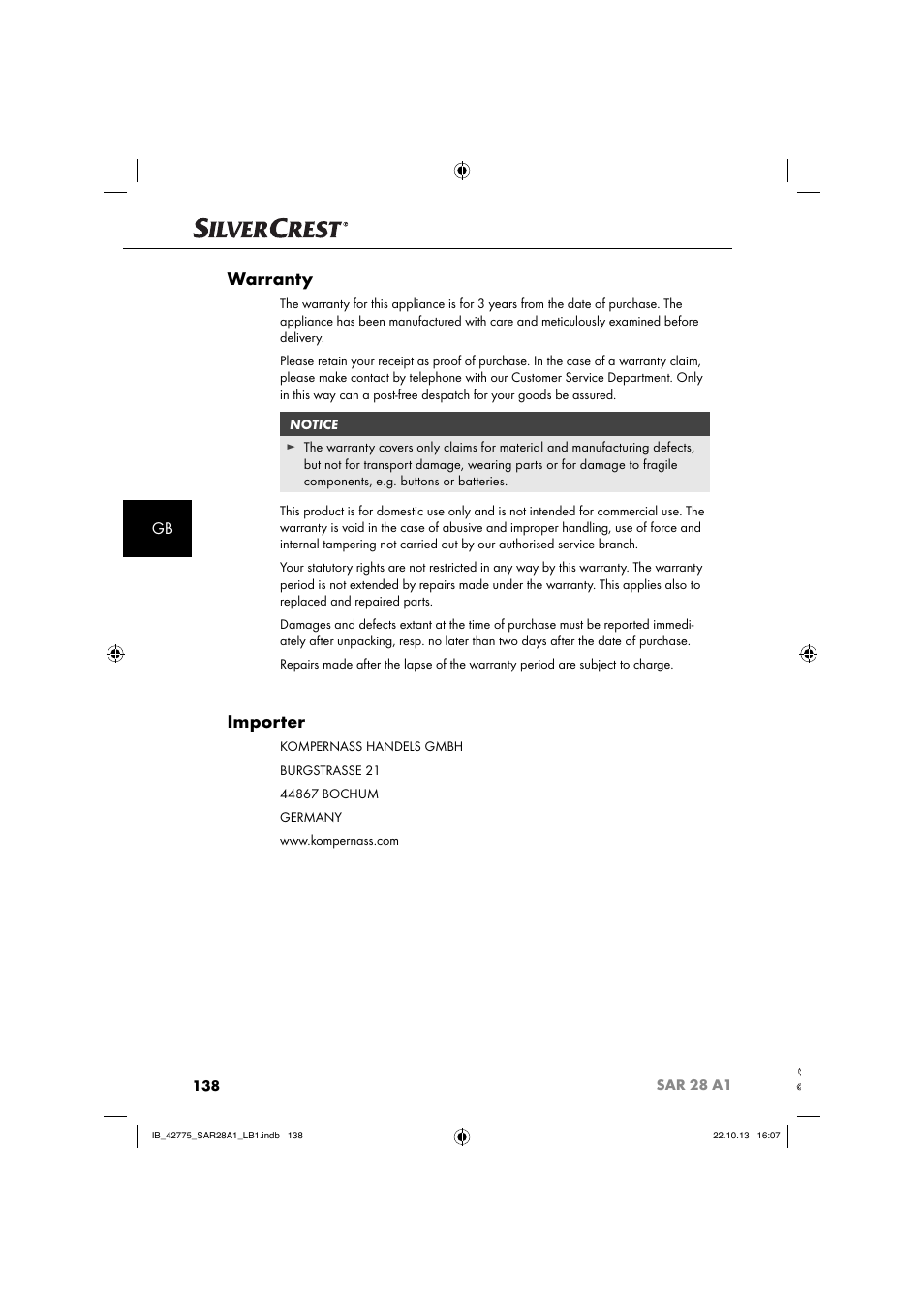 Warranty, Importer | Silvercrest SAR 28 A1 User Manual | Page 142 / 145