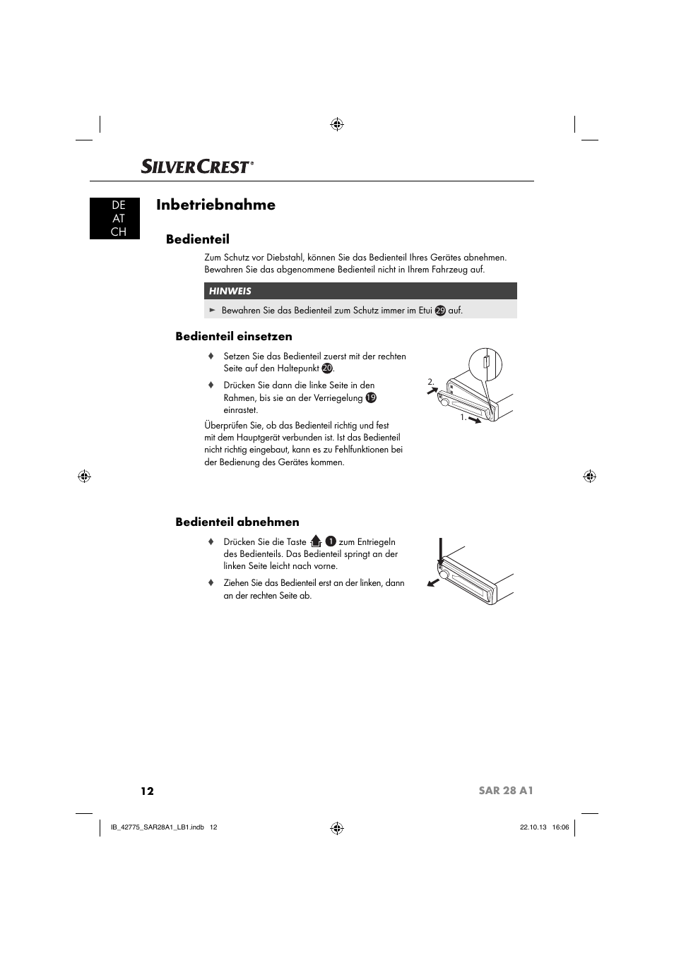 Inbetriebnahme, Bedienteil, De at ch | Bedienteil einsetzen, Bedienteil abnehmen | Silvercrest SAR 28 A1 User Manual | Page 16 / 145