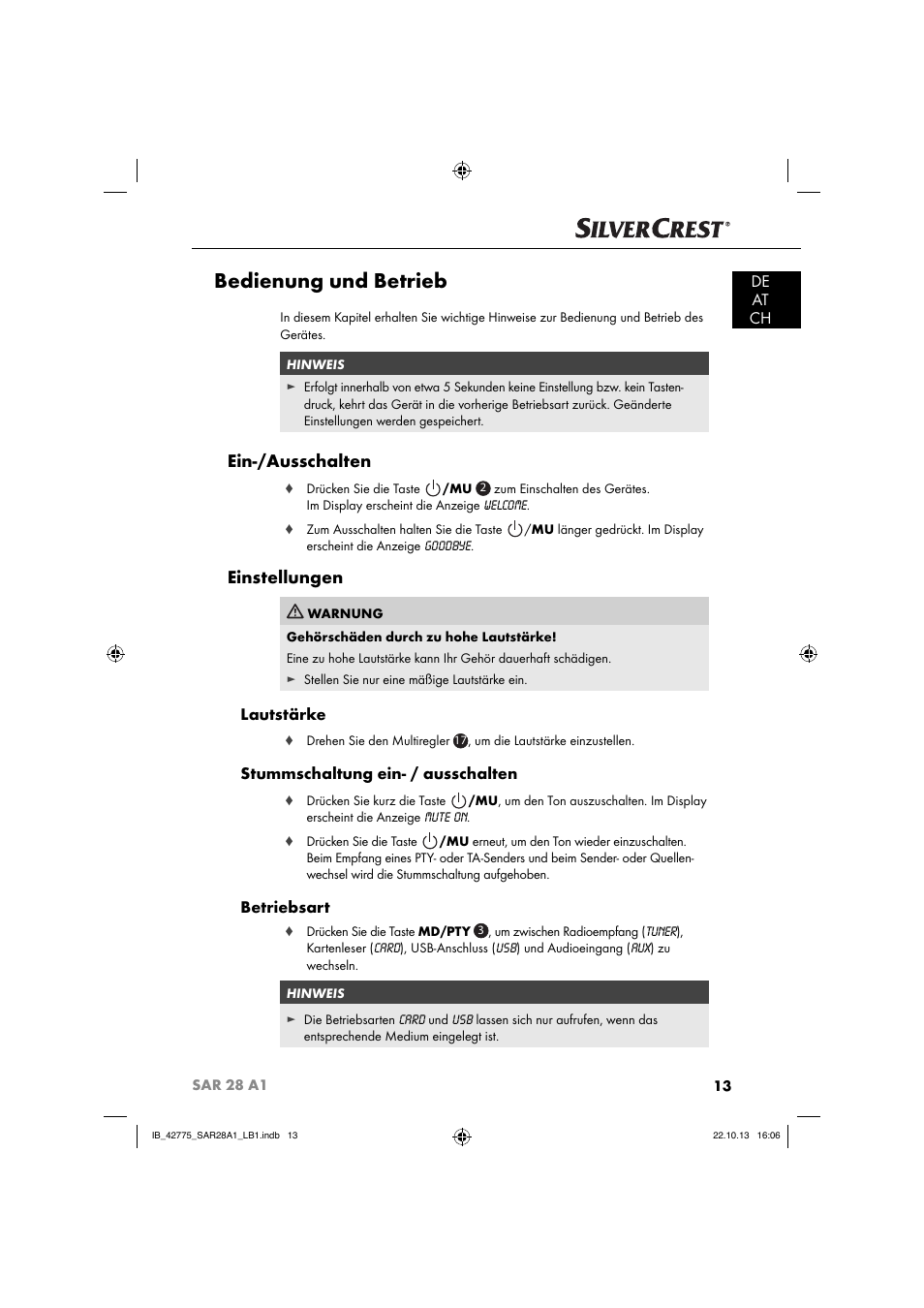 Bedienung und betrieb, Ein-/ausschalten, Einstellungen | De at ch, Lautstärke, Stummschaltung ein- / ausschalten, Betriebsart | Silvercrest SAR 28 A1 User Manual | Page 17 / 145