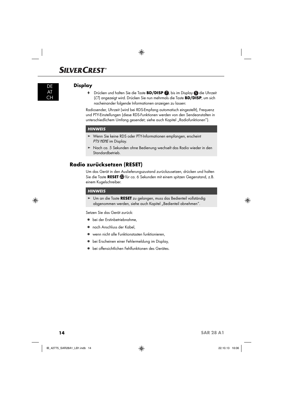 Radio zurücksetzen (reset), De at ch display | Silvercrest SAR 28 A1 User Manual | Page 18 / 145