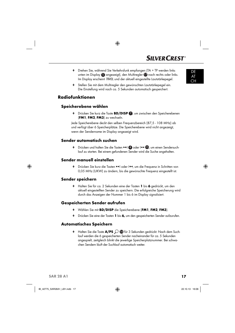 Radiofunktionen, De at ch, Speicherebene wählen | Sender automatisch suchen, Sender manuell einstellen, Sender speichern, Gespeicherten sender aufrufen, Automatisches speichern | Silvercrest SAR 28 A1 User Manual | Page 21 / 145