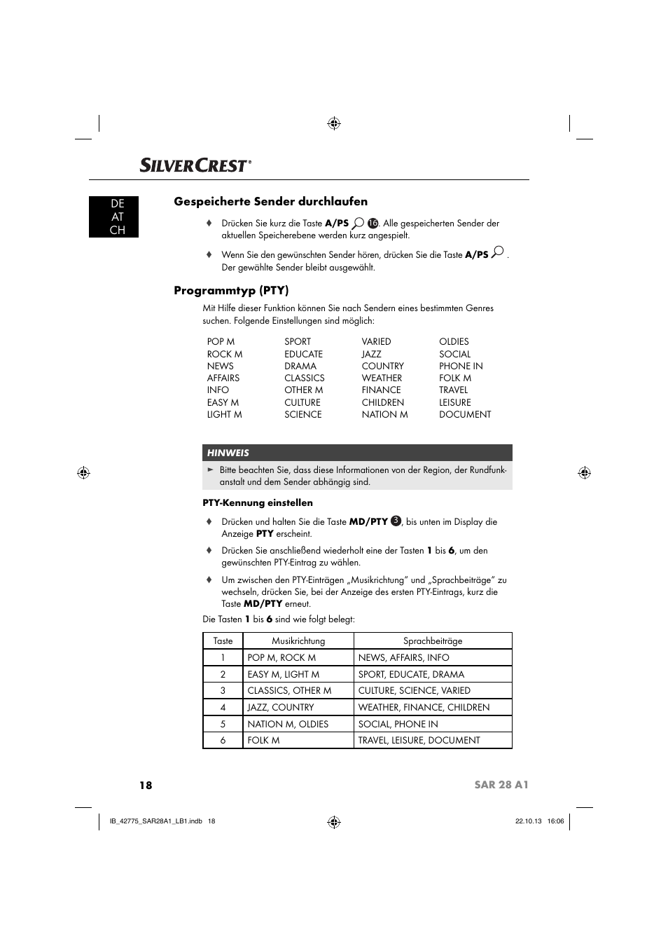 De at ch gespeicherte sender durchlaufen, Programmtyp (pty) | Silvercrest SAR 28 A1 User Manual | Page 22 / 145