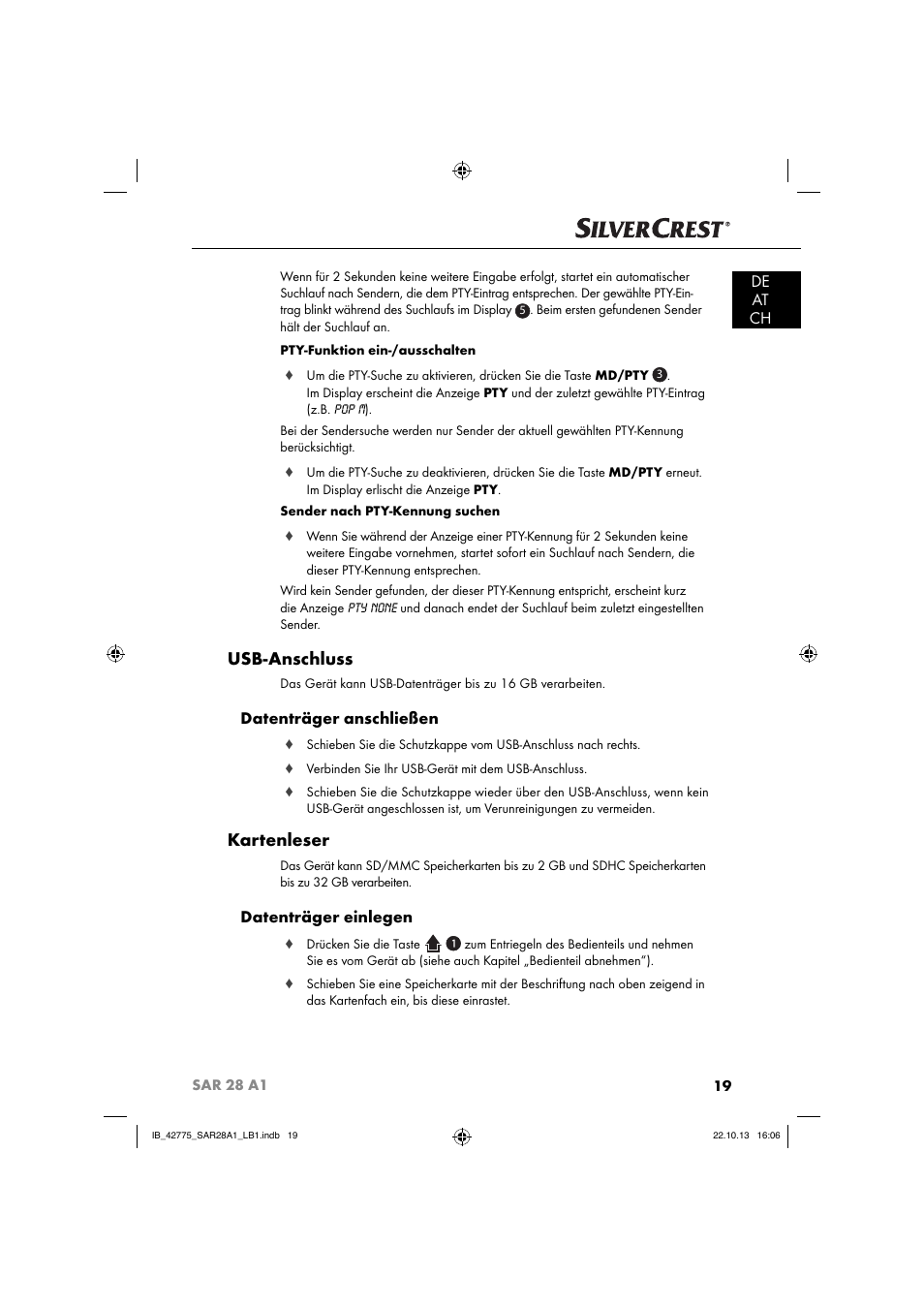 Usb-anschluss, Kartenleser, De at ch | Datenträger anschließen, Datenträger einlegen | Silvercrest SAR 28 A1 User Manual | Page 23 / 145