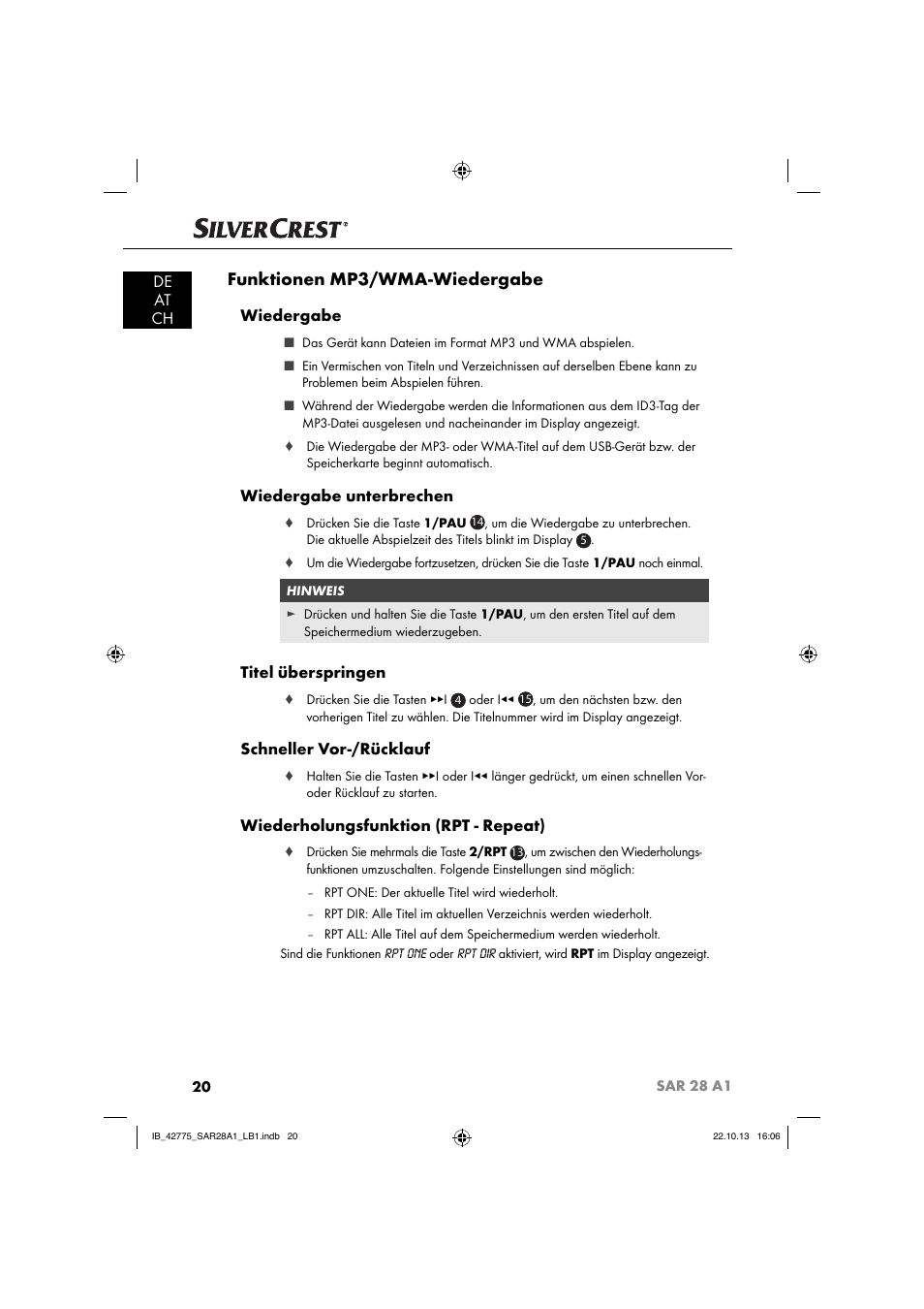 Funktionen mp3/wma-wiedergabe, De at ch, Wiedergabe | Wiedergabe unterbrechen, Titel überspringen, Schneller vor-/rücklauf, Wiederholungsfunktion (rpt - repeat) | Silvercrest SAR 28 A1 User Manual | Page 24 / 145