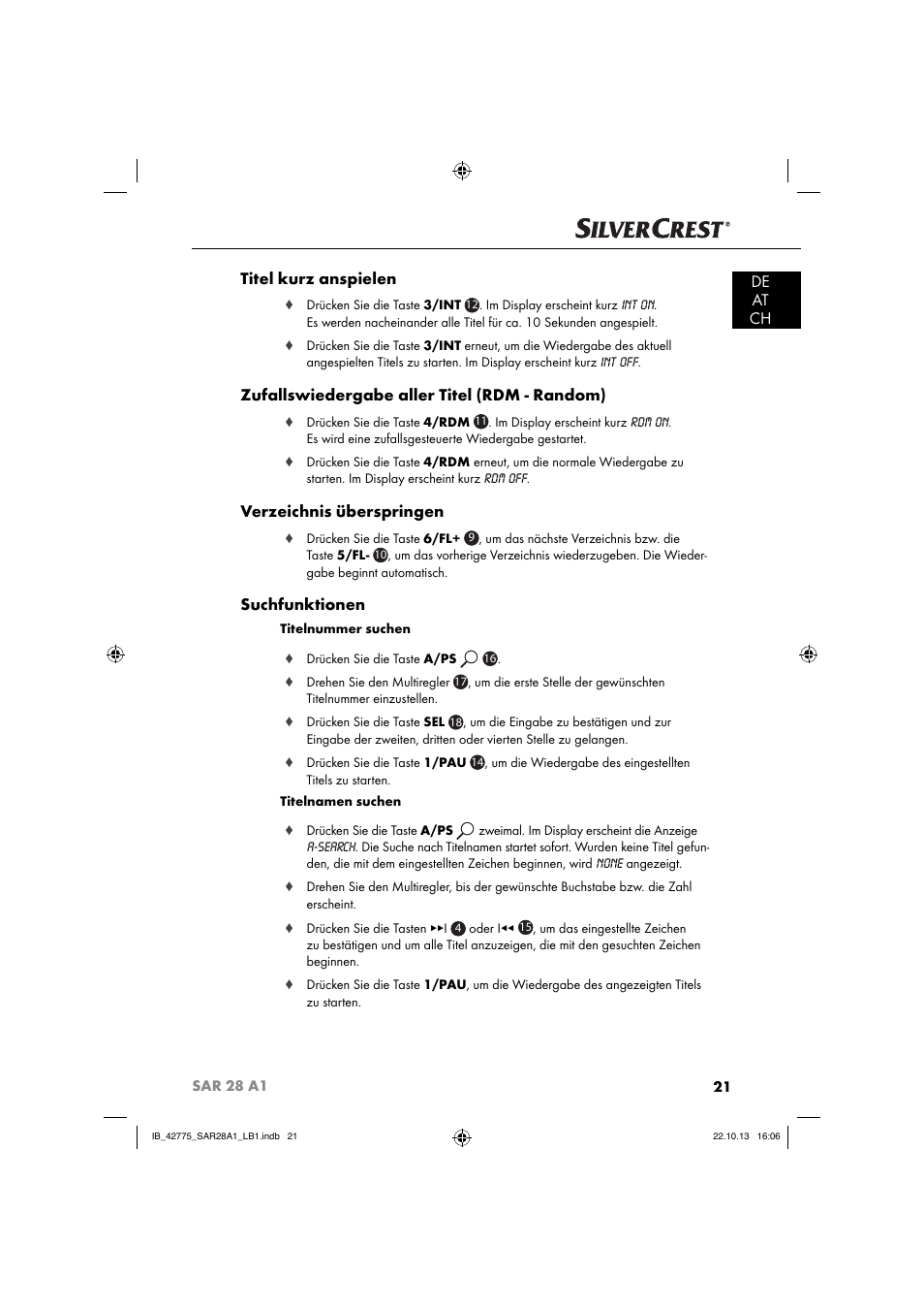 De at ch titel kurz anspielen, Zufallswiedergabe aller titel (rdm - random), Verzeichnis überspringen | Suchfunktionen | Silvercrest SAR 28 A1 User Manual | Page 25 / 145