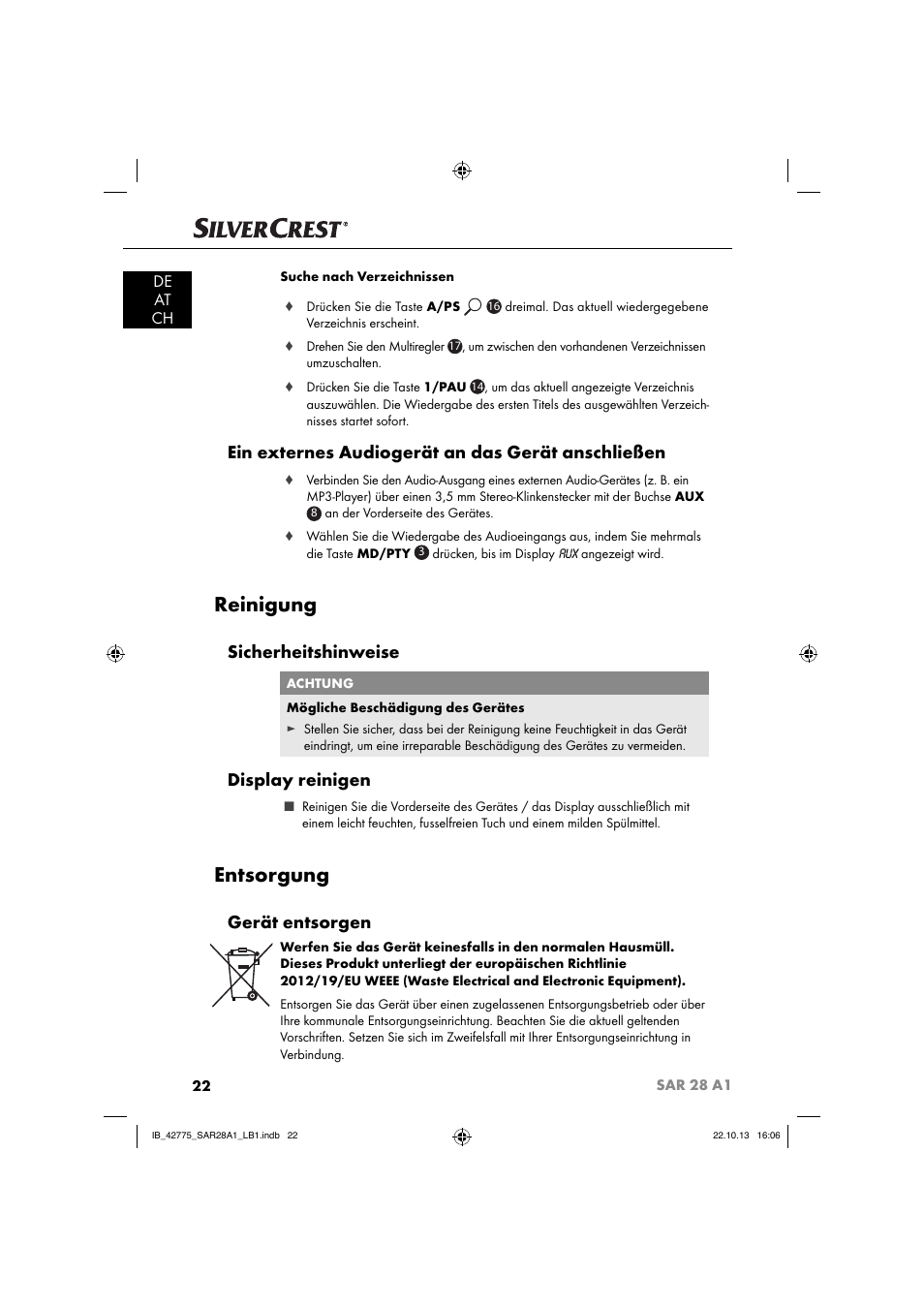 Reinigung, Entsorgung, Ein externes audiogerät an das gerät anschließen | Sicherheitshinweise, Display reinigen, Gerät entsorgen, De at ch | Silvercrest SAR 28 A1 User Manual | Page 26 / 145