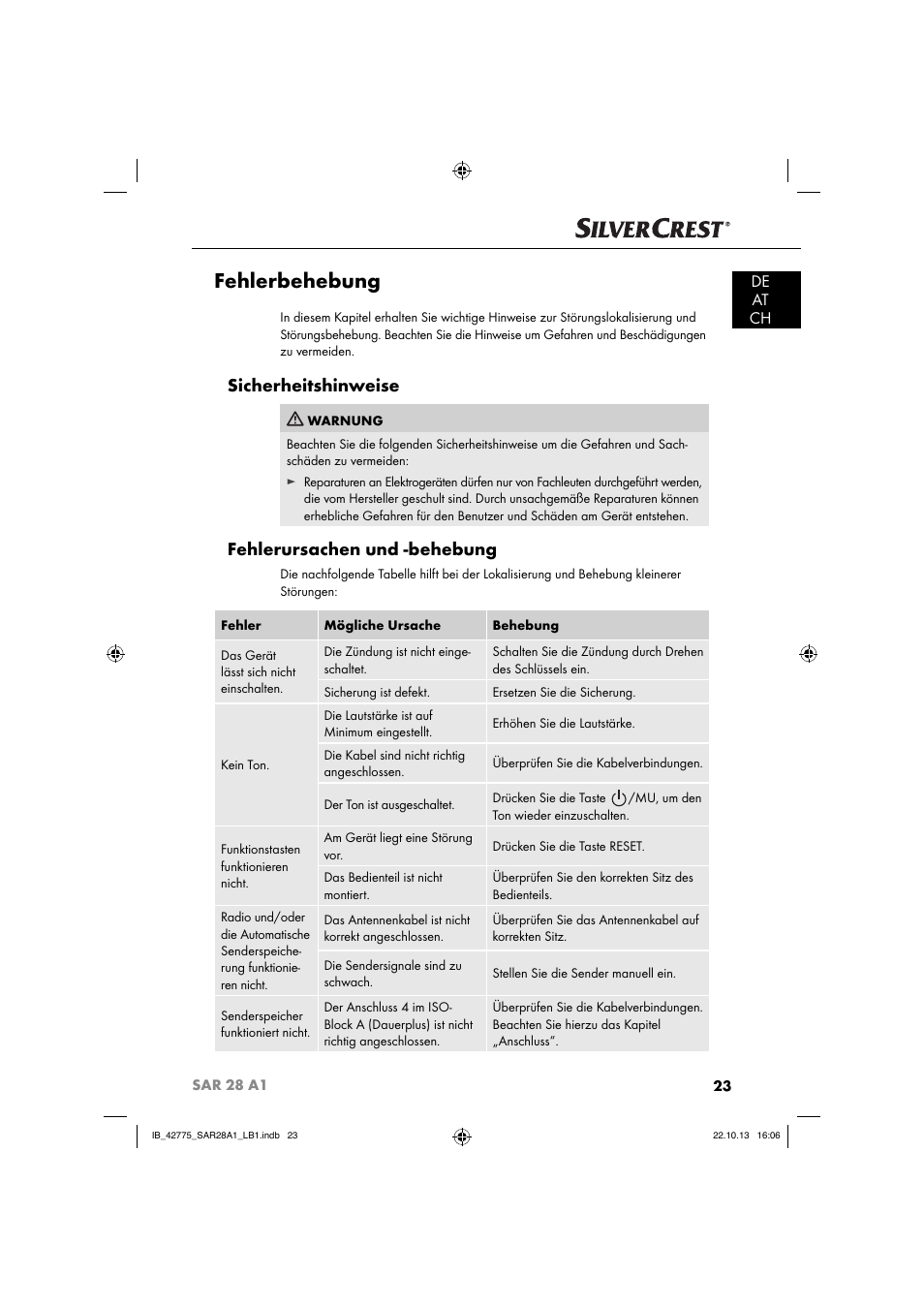 Fehlerbehebung, Sicherheitshinweise, Fehlerursachen und -behebung | De at ch | Silvercrest SAR 28 A1 User Manual | Page 27 / 145