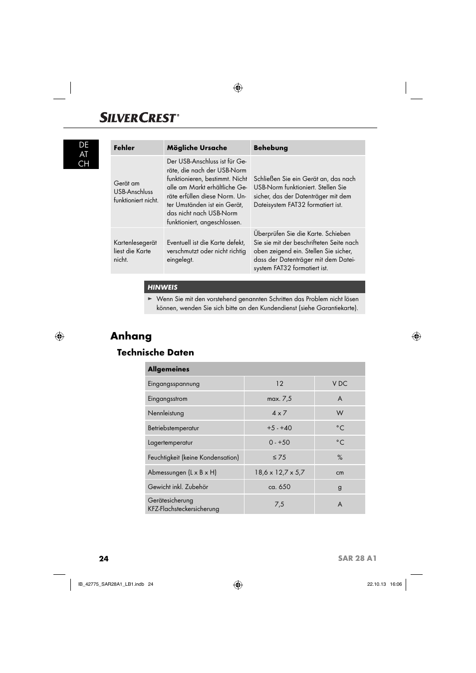 Anhang, Technische daten, De at ch | Silvercrest SAR 28 A1 User Manual | Page 28 / 145