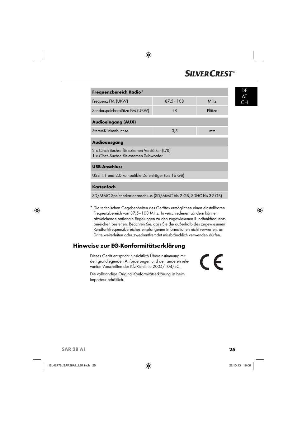 Hinweise zur eg-konformitätserklärung, De at ch | Silvercrest SAR 28 A1 User Manual | Page 29 / 145