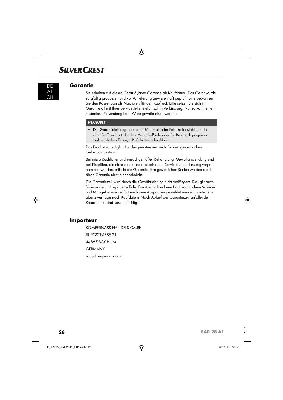 Garantie, Importeur, De at ch | Silvercrest SAR 28 A1 User Manual | Page 30 / 145