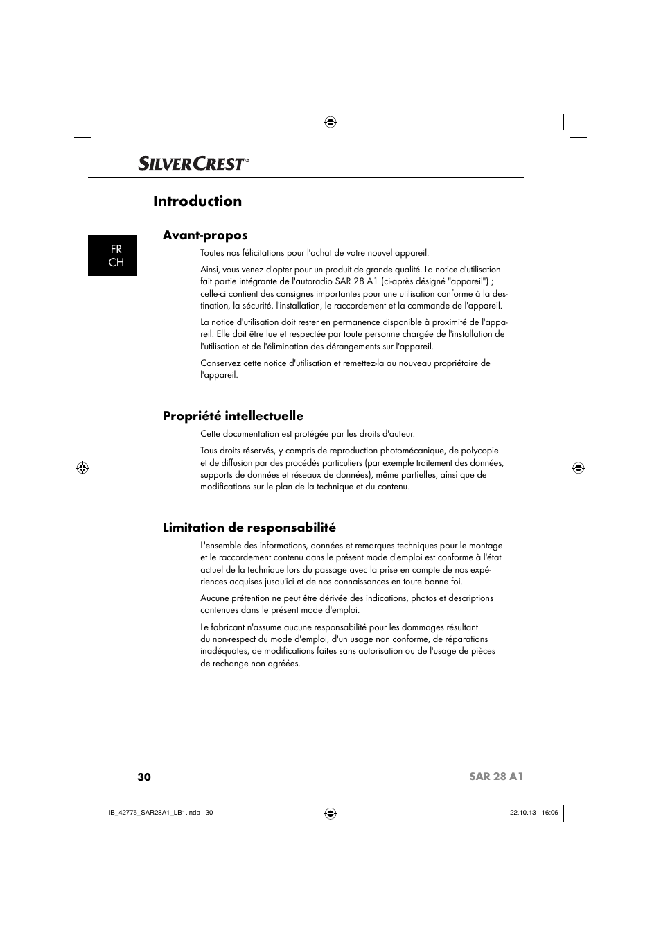 Introduction, Avant-propos, Propriété intellectuelle | Limitation de responsabilité, Fr ch | Silvercrest SAR 28 A1 User Manual | Page 34 / 145