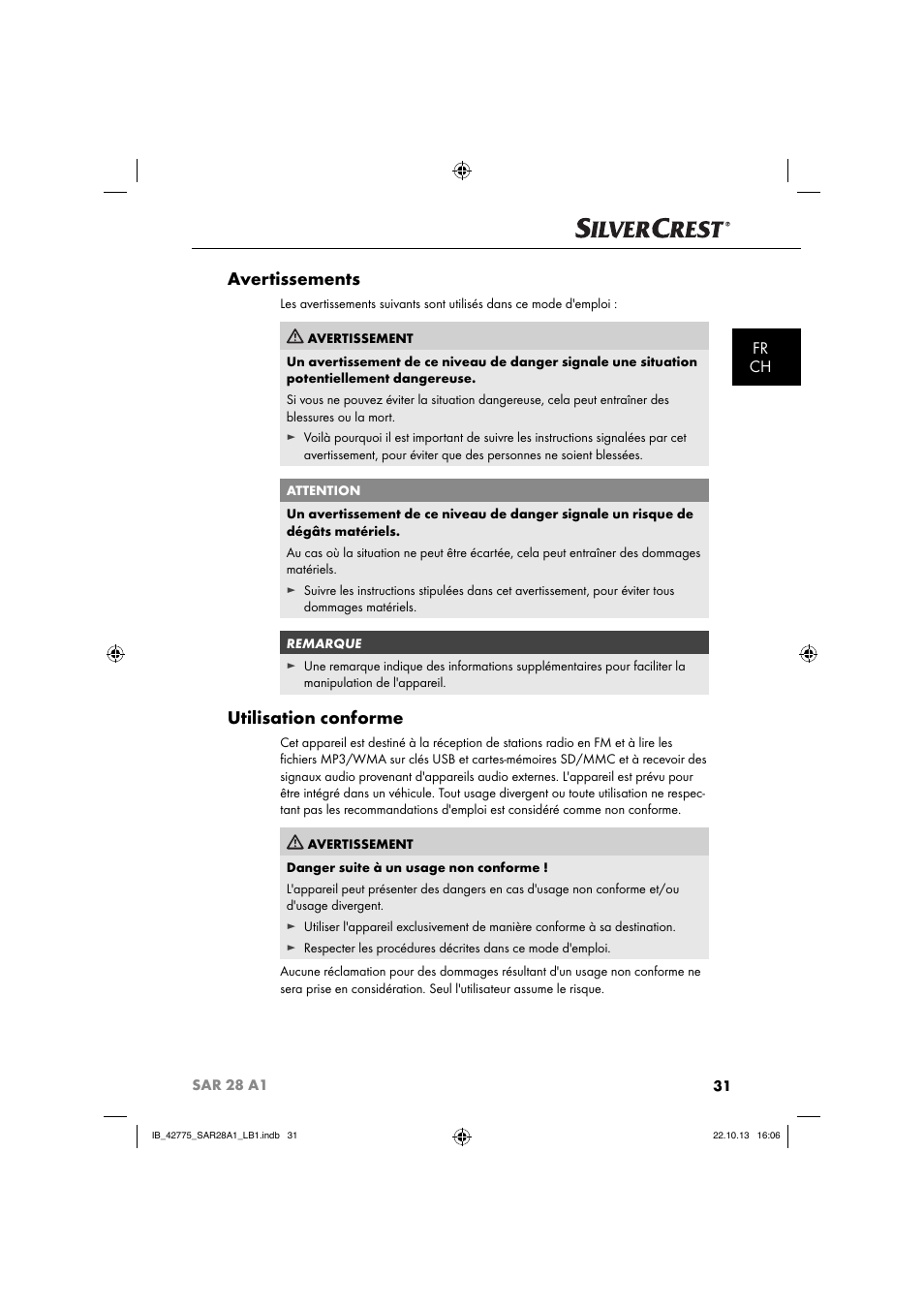 Avertissements, Utilisation conforme, Fr ch | Silvercrest SAR 28 A1 User Manual | Page 35 / 145