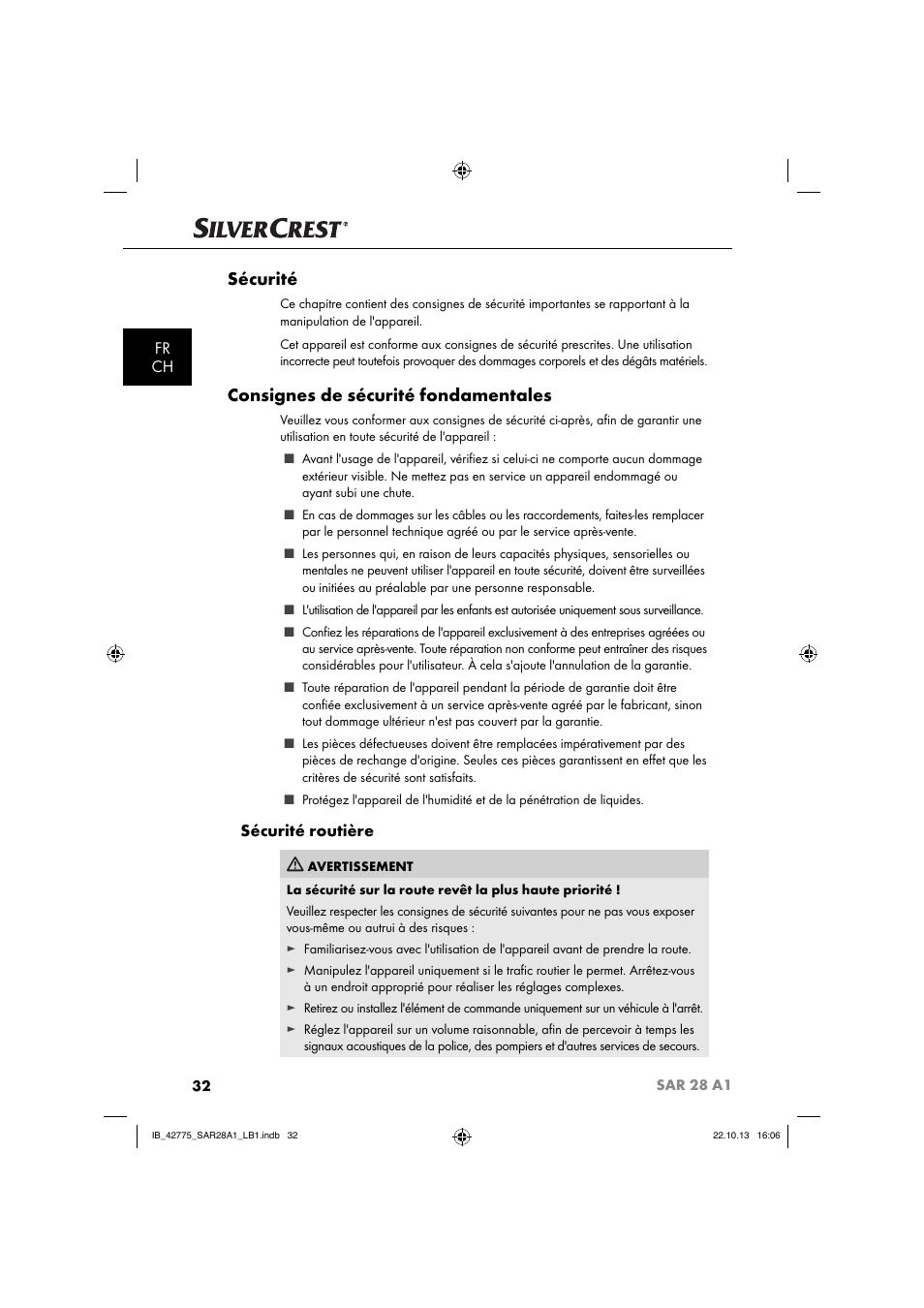 Sécurité, Consignes de sécurité fondamentales, Fr ch | Sécurité routière | Silvercrest SAR 28 A1 User Manual | Page 36 / 145