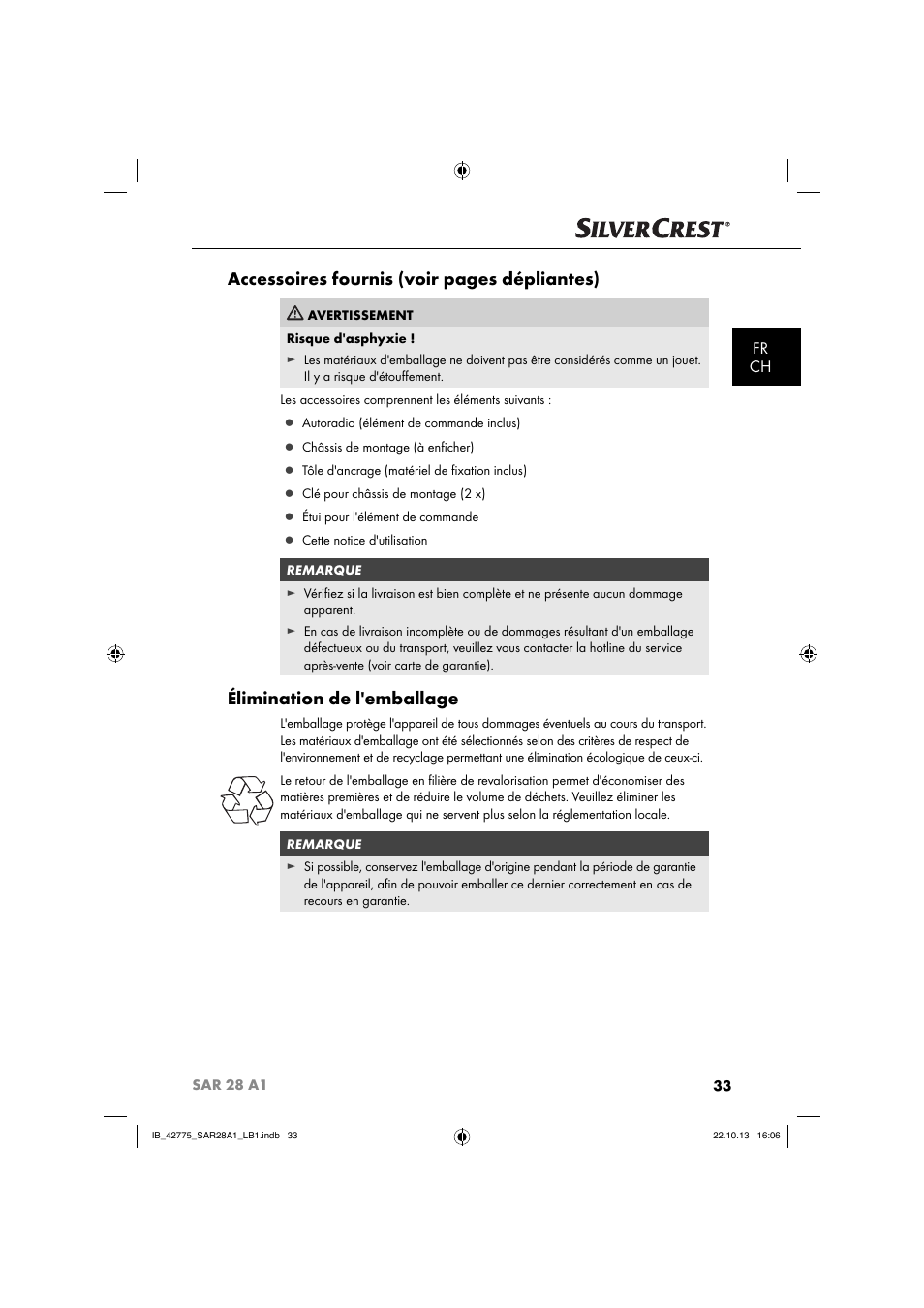 Accessoires fournis (voir pages dépliantes), Élimination de l'emballage, Fr ch | Silvercrest SAR 28 A1 User Manual | Page 37 / 145