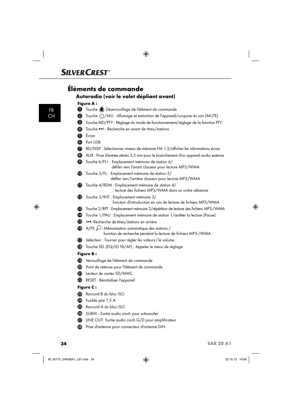 Éléments de commande, Fr ch, Autoradio (voir le volet dépliant avant) | Silvercrest SAR 28 A1 User Manual | Page 38 / 145