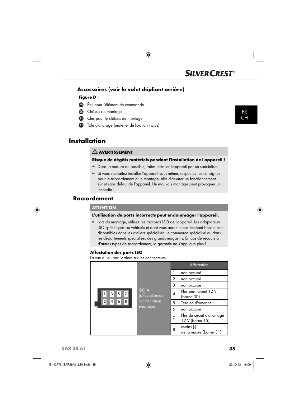 Installation, Raccordement, Fr ch accessoires (voir le volet dépliant arrière) | Silvercrest SAR 28 A1 User Manual | Page 39 / 145