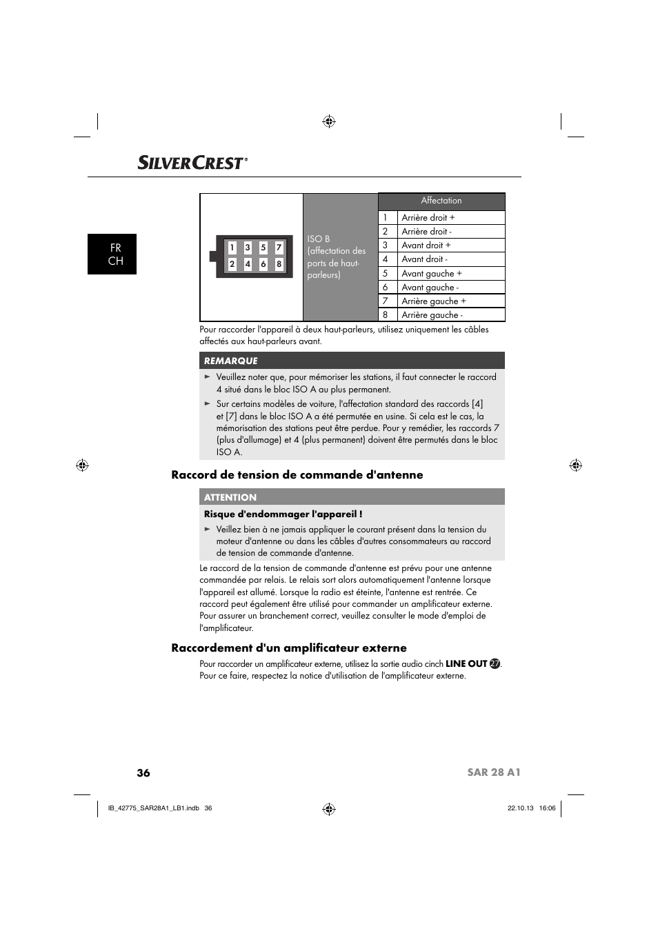 Fr ch, Raccord de tension de commande d'antenne, Raccordement d'un ampliﬁ cateur externe | Silvercrest SAR 28 A1 User Manual | Page 40 / 145