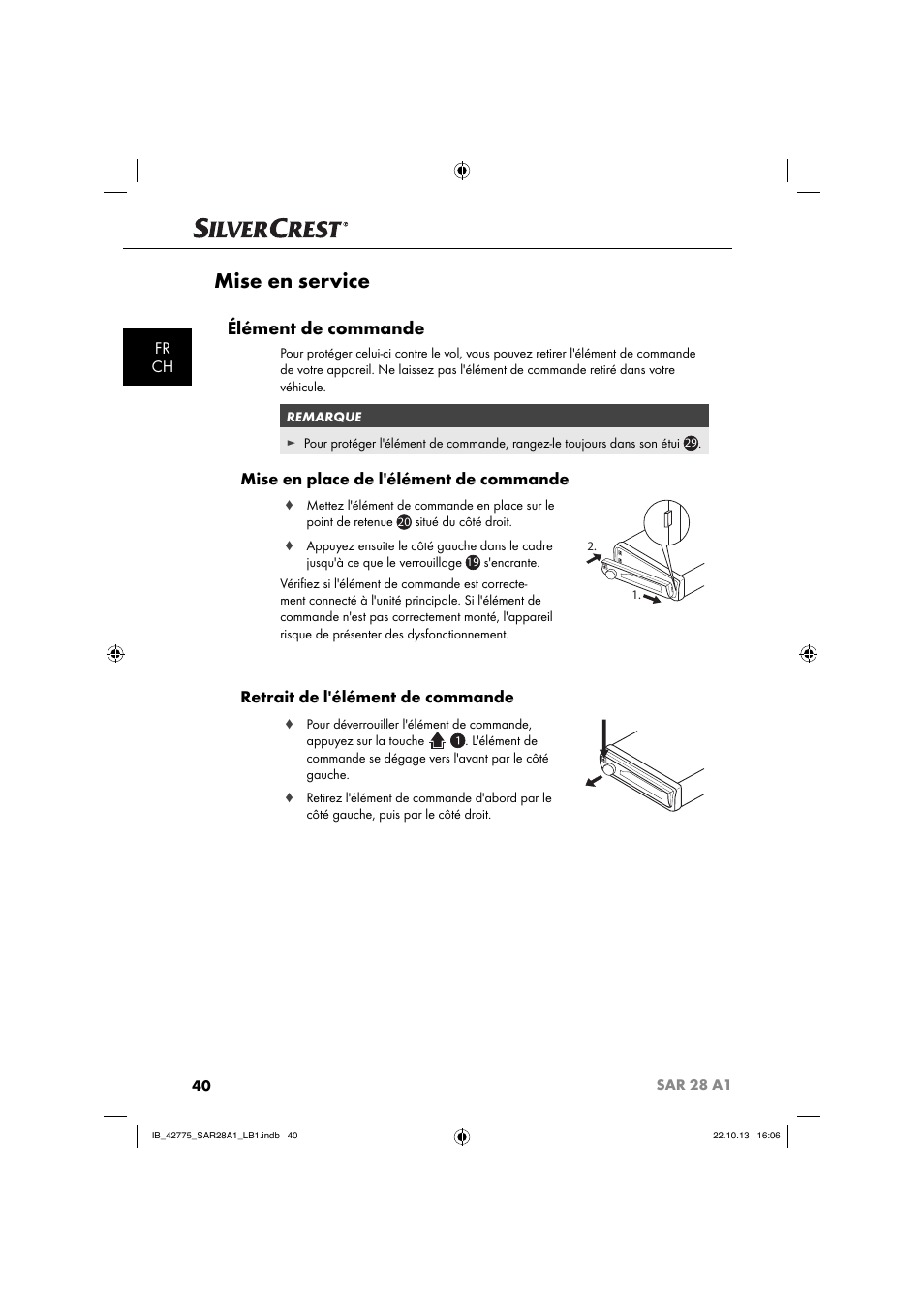 Mise en service, Élément de commande, Fr ch | Mise en place de l'élément de commande, Retrait de l'élément de commande | Silvercrest SAR 28 A1 User Manual | Page 44 / 145