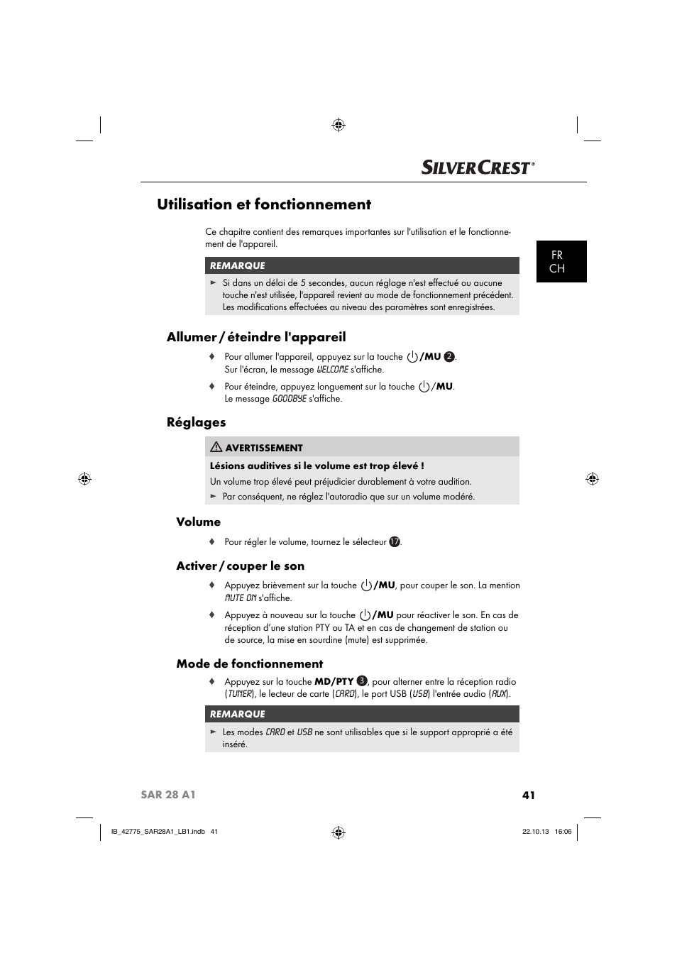Utilisation et fonctionnement, Allumer / éteindre l'appareil, Réglages | Fr ch, Volume, Activer / couper le son, Mode de fonctionnement | Silvercrest SAR 28 A1 User Manual | Page 45 / 145