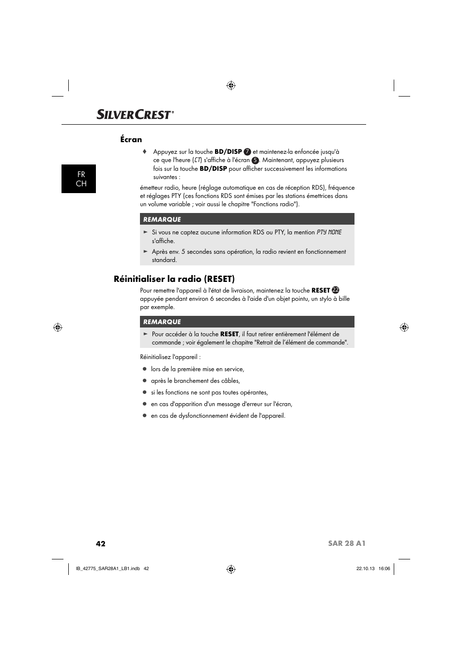 Réinitialiser la radio (reset), Fr ch écran | Silvercrest SAR 28 A1 User Manual | Page 46 / 145