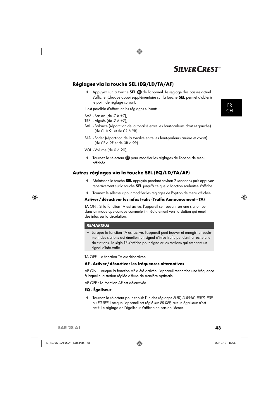 Fr ch réglages via la touche sel (eq/ld/ta/af), Autres réglages via la touche sel (eq/ld/ta/af) | Silvercrest SAR 28 A1 User Manual | Page 47 / 145