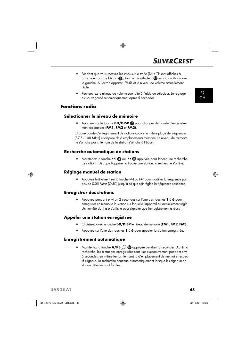 Fonctions radio, Fr ch, Sélectionner le niveau de mémoire | Recherche automatique de stations, Réglage manuel de station, Enregistrer des stations, Appeler une station enregistrée, Enregistrement automatique | Silvercrest SAR 28 A1 User Manual | Page 49 / 145