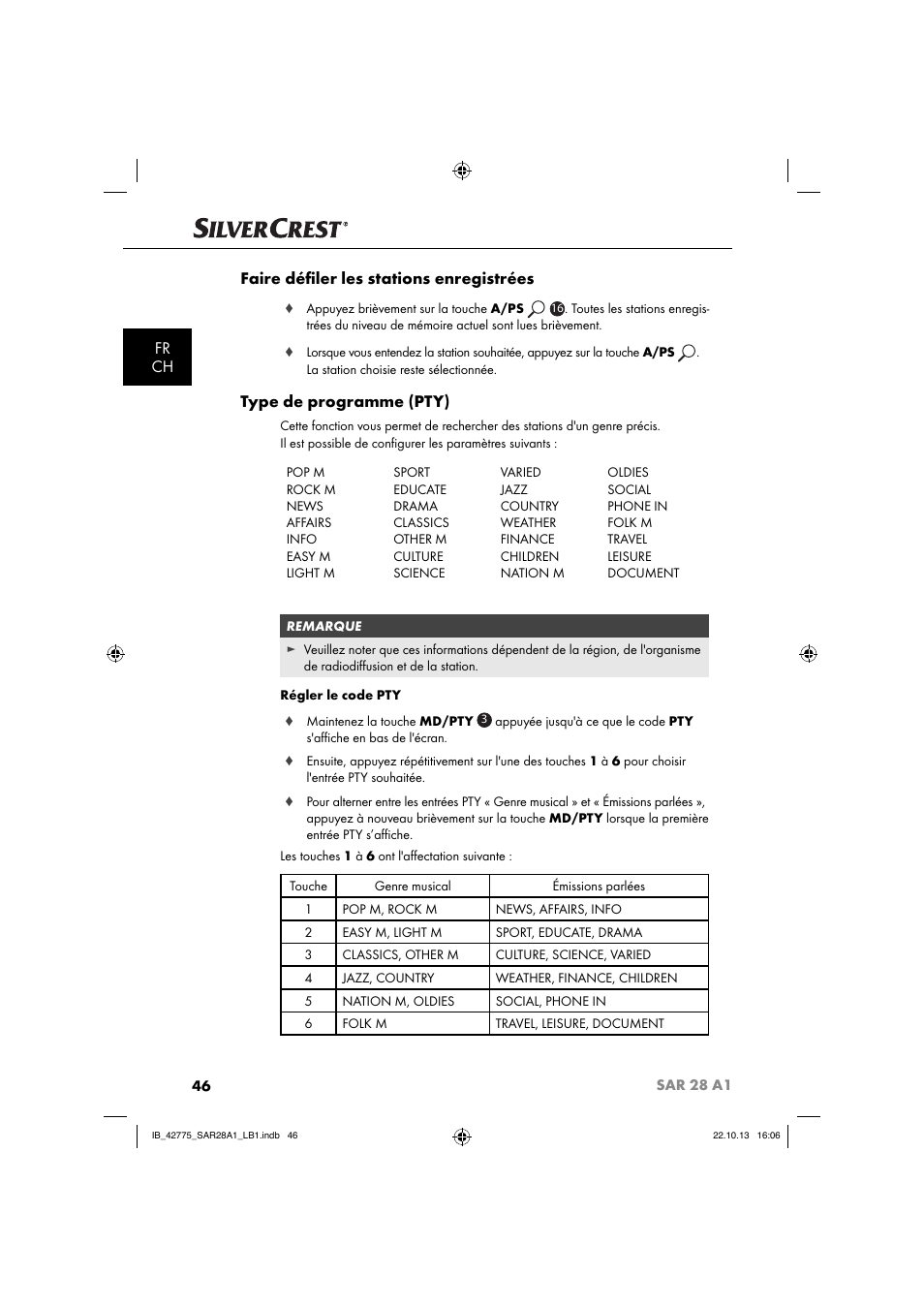 Fr ch faire déﬁ ler les stations enregistrées, Type de programme (pty) | Silvercrest SAR 28 A1 User Manual | Page 50 / 145
