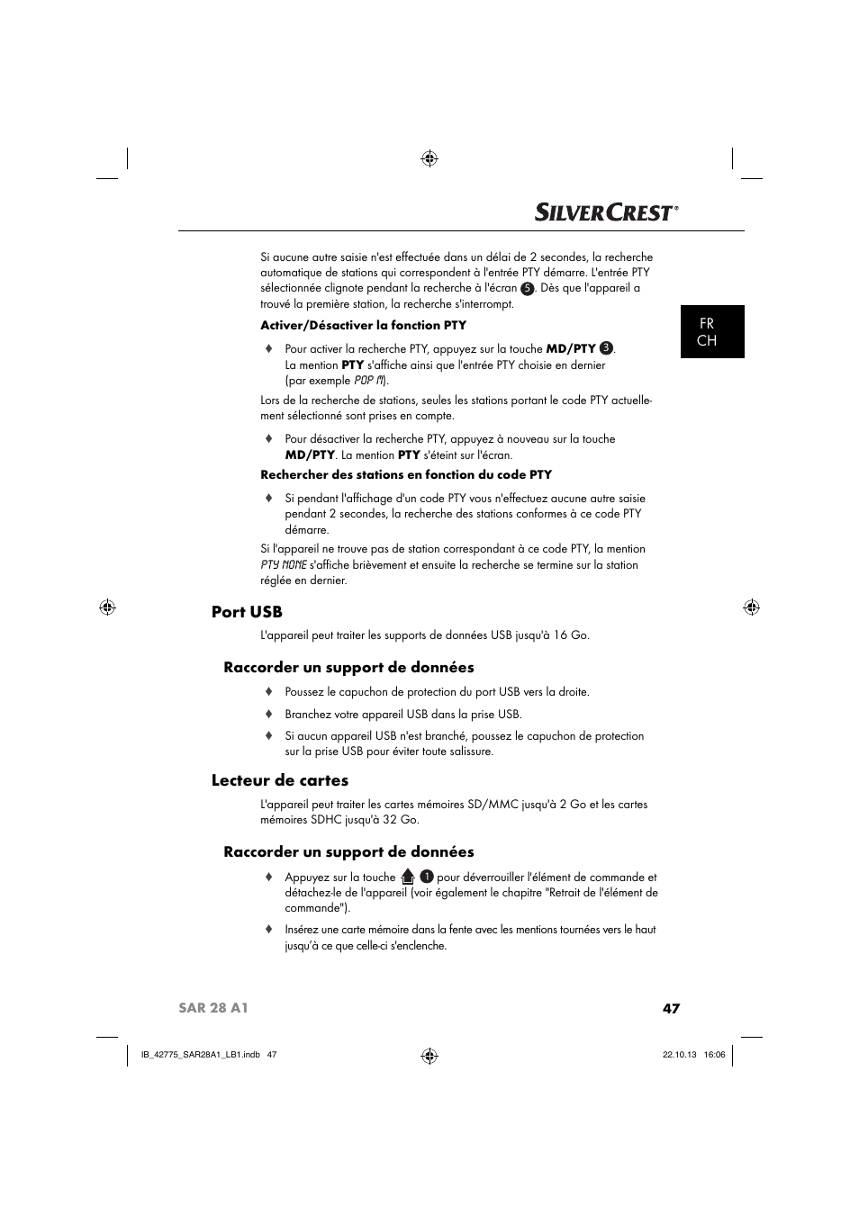 Port usb, Lecteur de cartes, Fr ch | Raccorder un support de données | Silvercrest SAR 28 A1 User Manual | Page 51 / 145